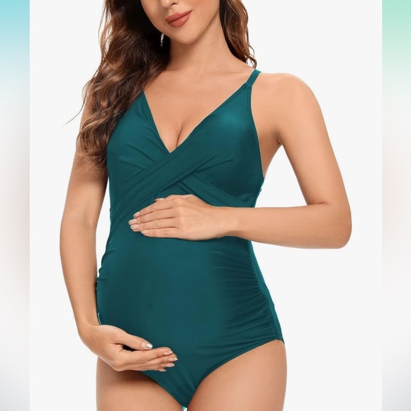 Other - Women Maternity Swimsuit One Piece Front Cross V-Neck Pregnancy Teal Green L